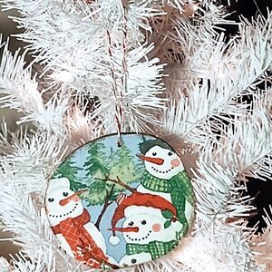 Hand Crafted Decoupage Wooden Christmas Ornament/Winter Snowmen/Tree Decor